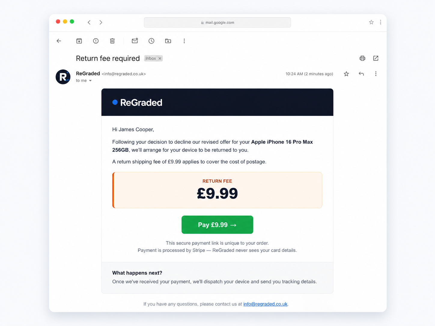 Branded email with secure payment link