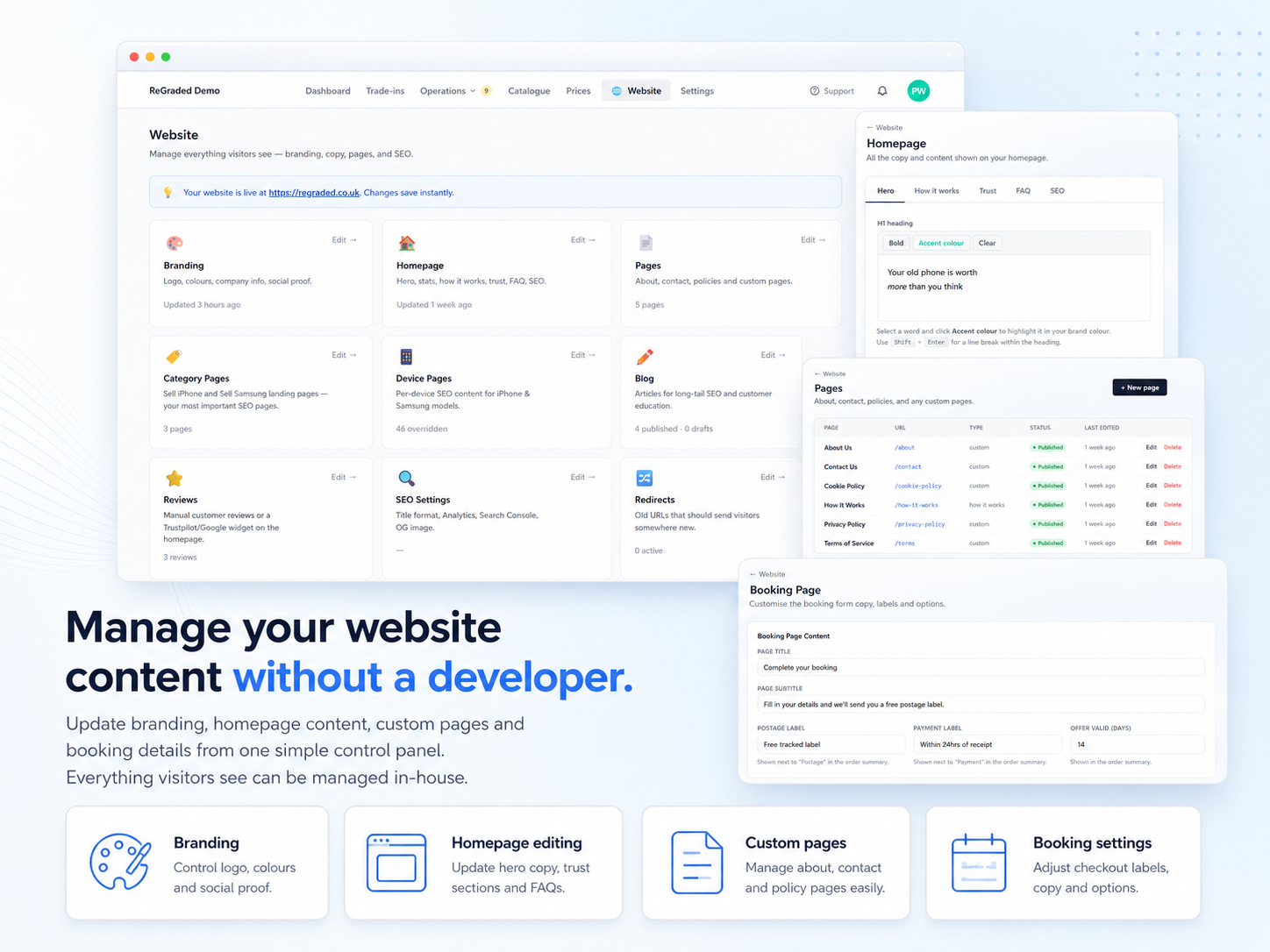 CMS dashboard for managing site pages and content