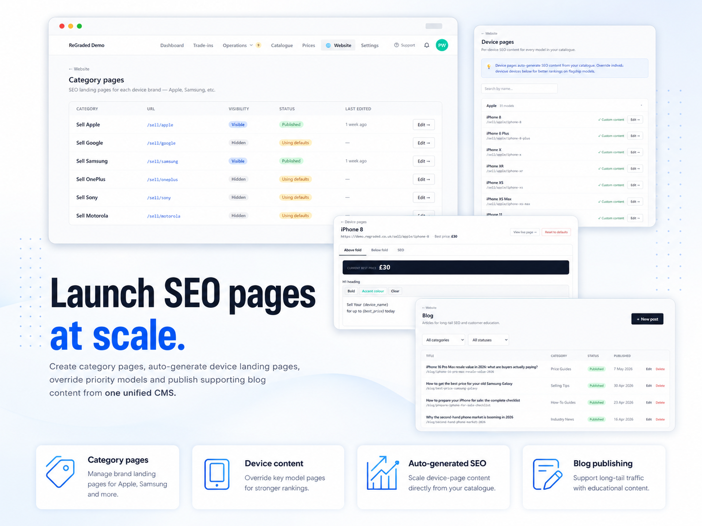 Per-page SEO settings with meta titles and descriptions