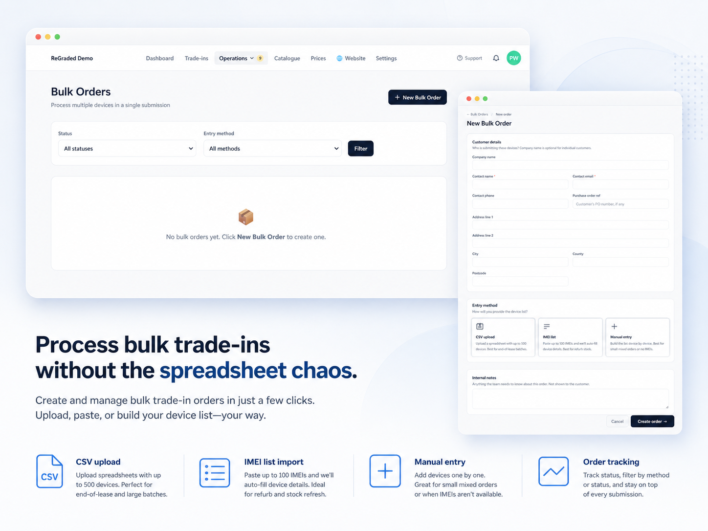 Bulk orders overview listing batches with status and device counts