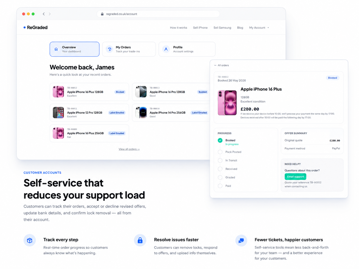 Customer account dashboard showing order status and self-service actions