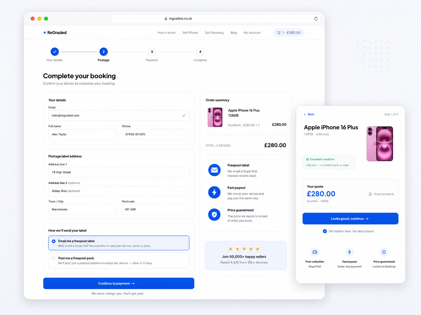 Checkout flow with the booking form and order summary