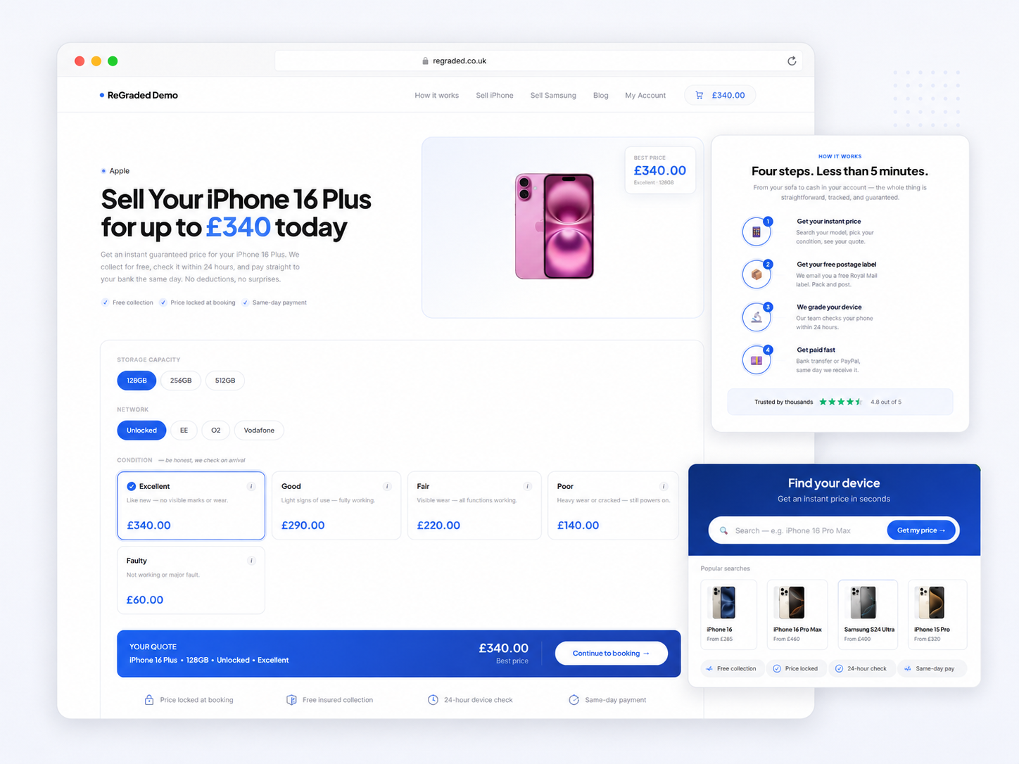 Device page with storage, network and condition selection and an instant price