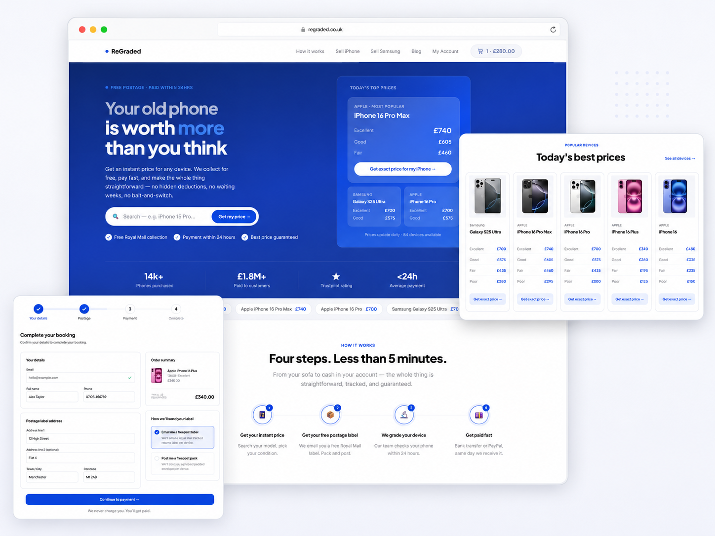 Branded customer homepage showing the hero, popular device prices and how-it-works steps