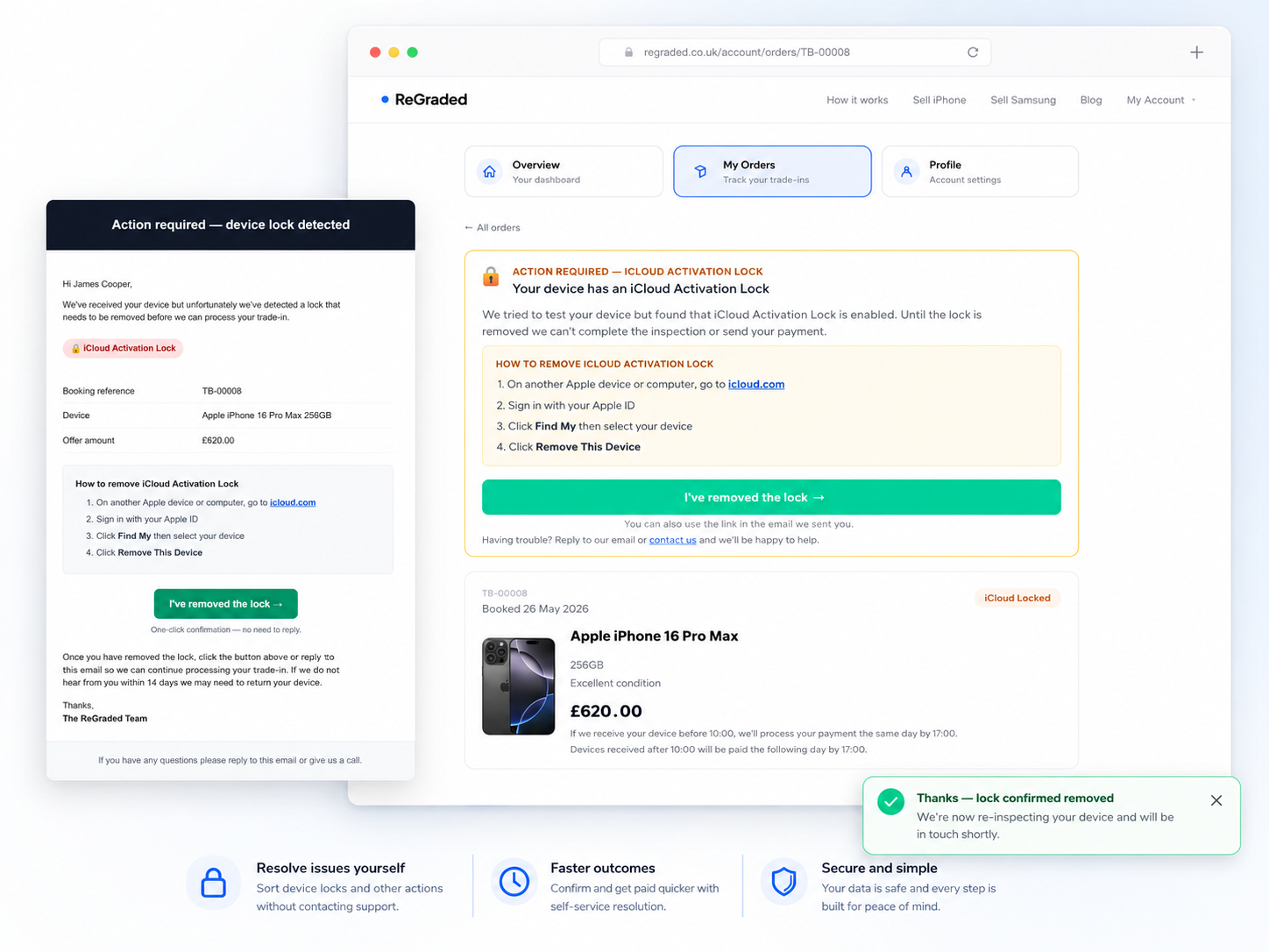 iCloud lock removal self-service flow with step-by-step instructions