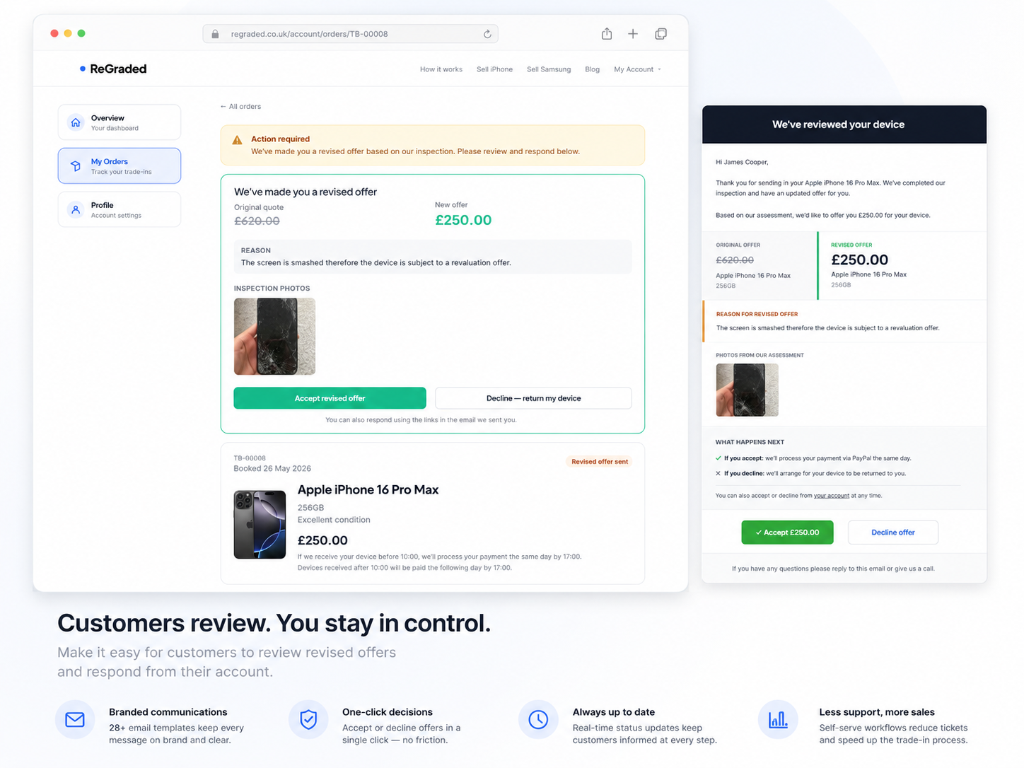 Revised offer screen showing the original and revised price with accept and decline options