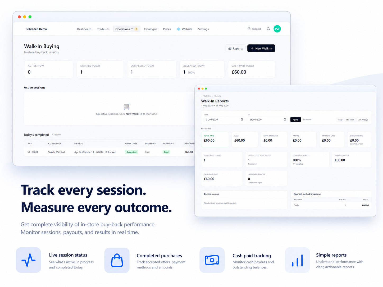 Walk-in dashboard showing in-progress and recent counter sessions