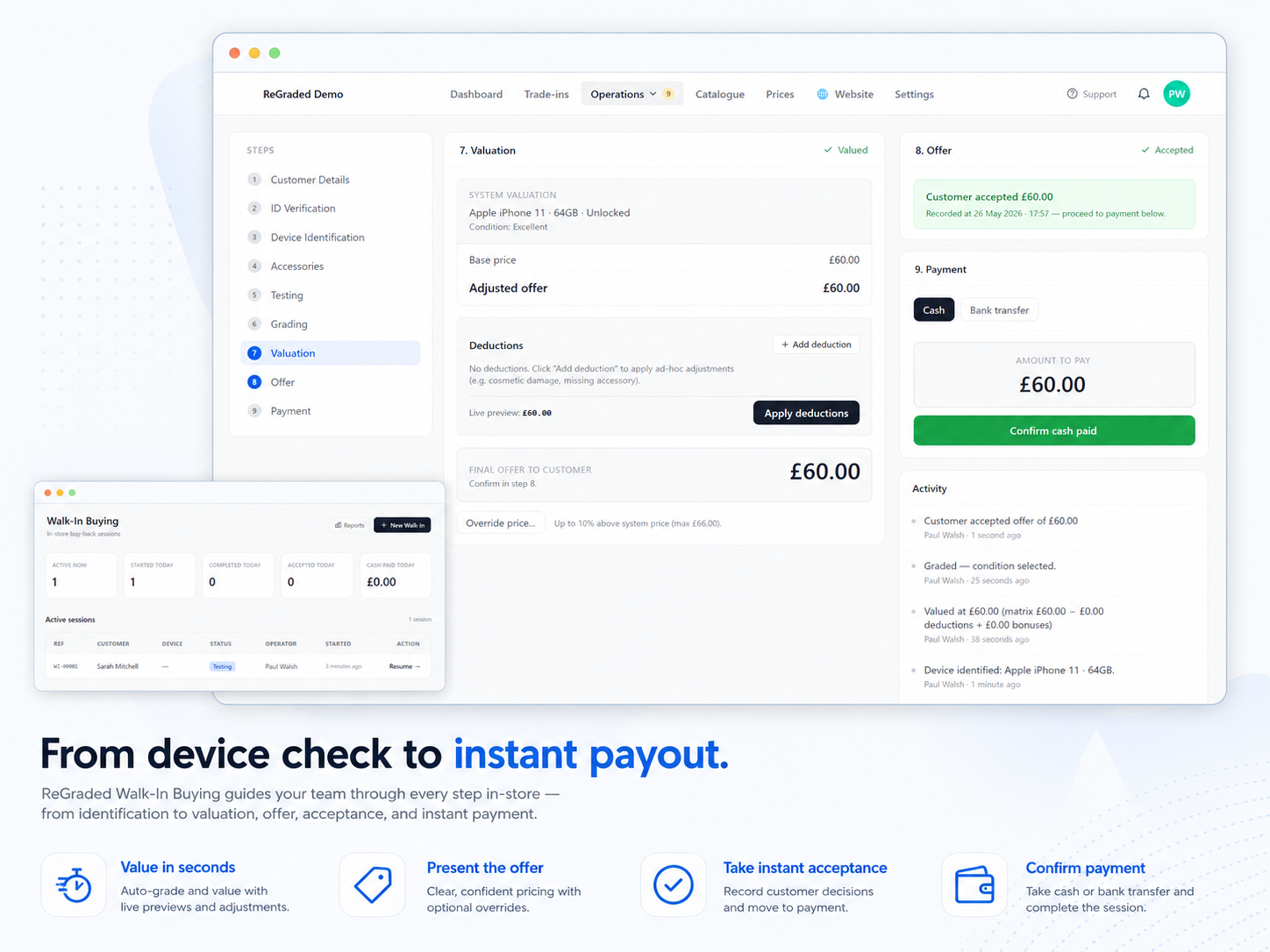 Walk-in session step flow from customer details through to payment